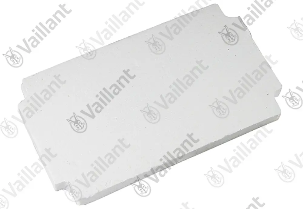 Weiße Isolierplatte von Vaillant, rechteckige Form mit abgerundeten Ecken. Minimalistische Gestaltung ohne weitere Details oder Markierungen auf der Oberfläche.
